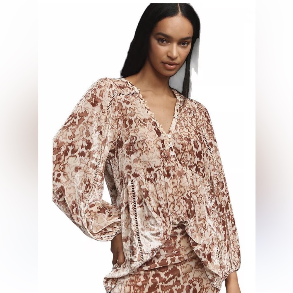 By Anthropologie  Long Sleeve Velvet Tunic Top Peasant Blouse Bohemian Sz L New